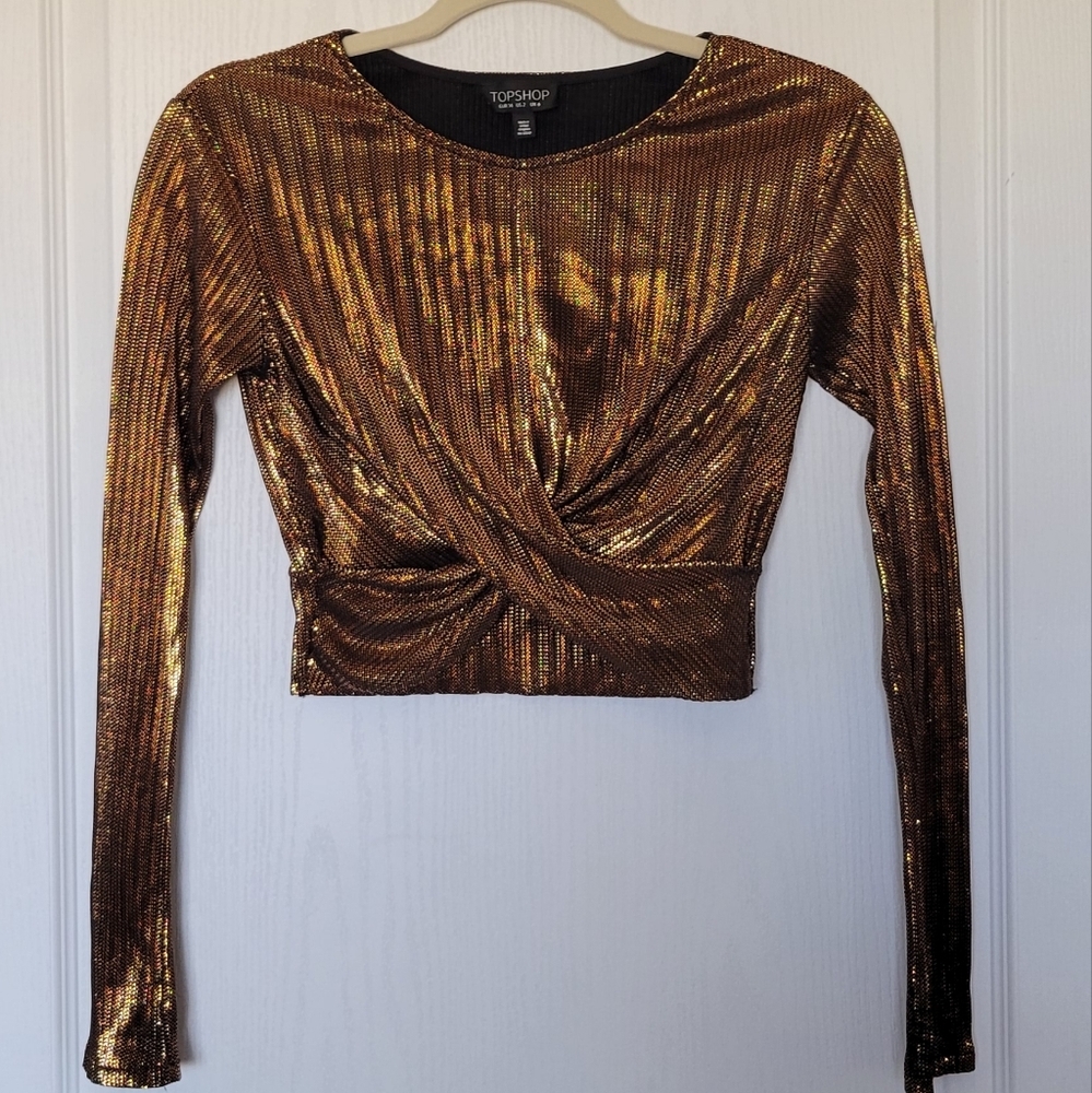 Topshop Metallic Bronze Cropped Longsleeve Size: 2